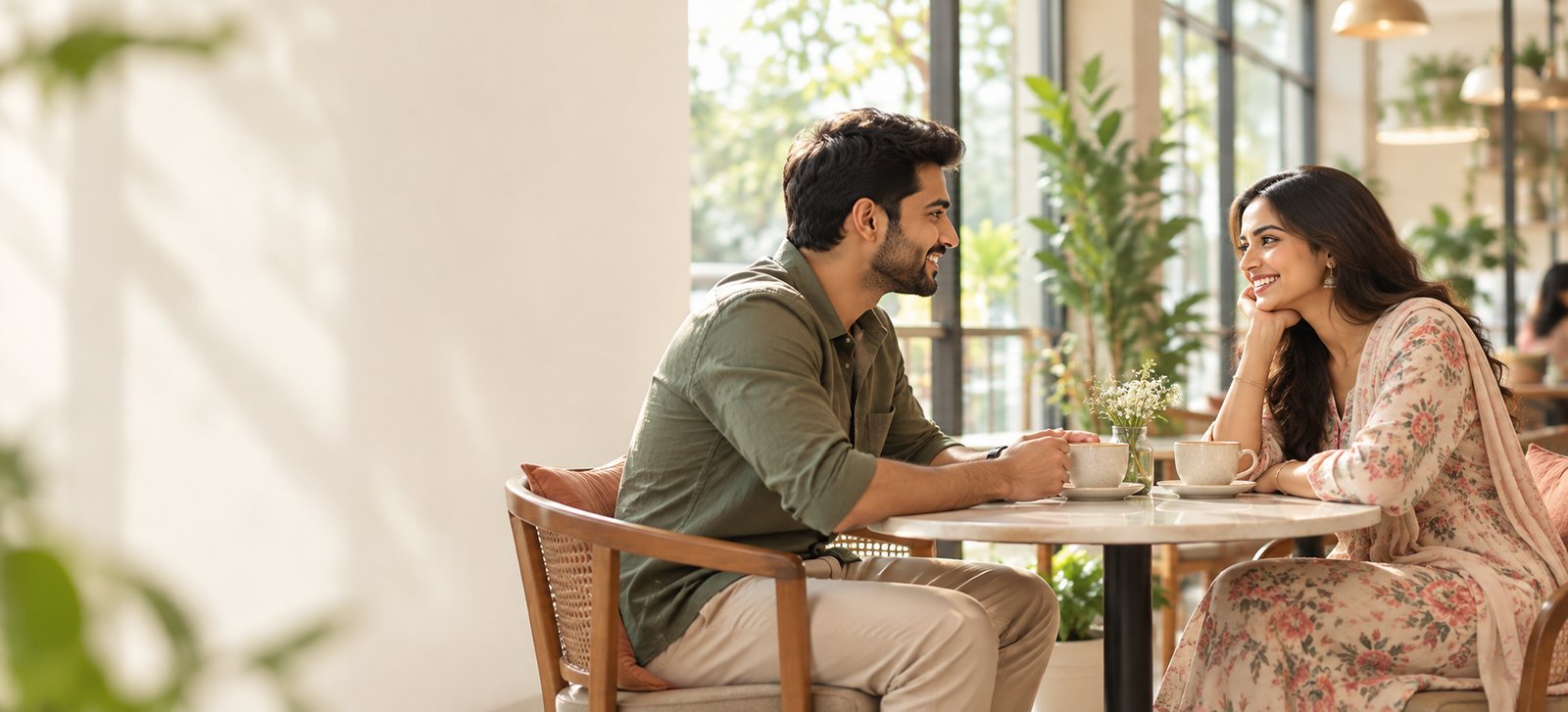 A couple talking over coffee in a bright café