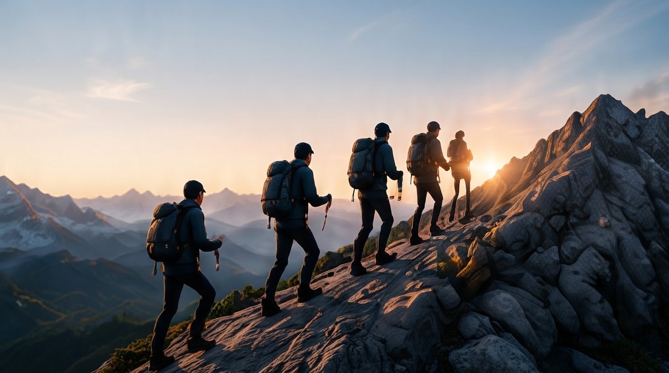 A group of hikers climbing a rocky ridge together at sunrise