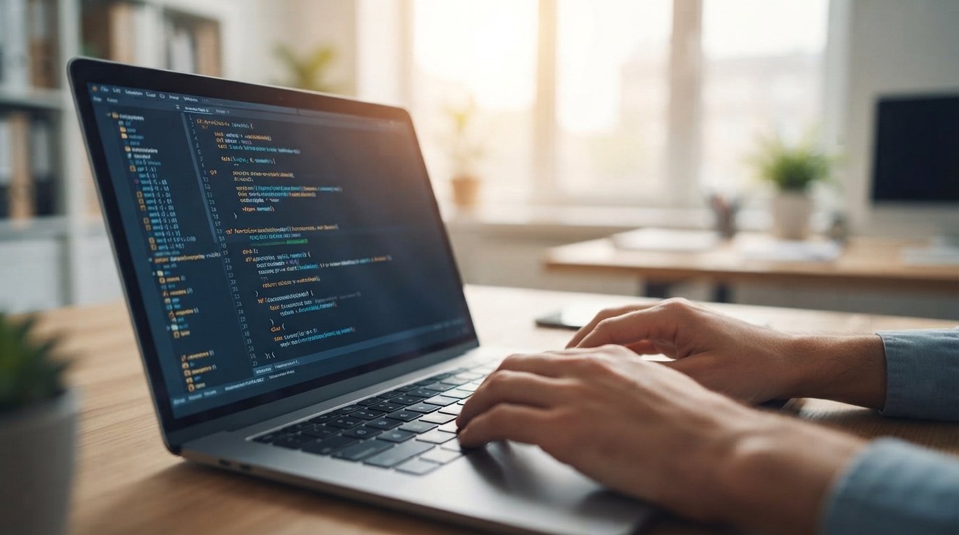 Hands typing code on a laptop