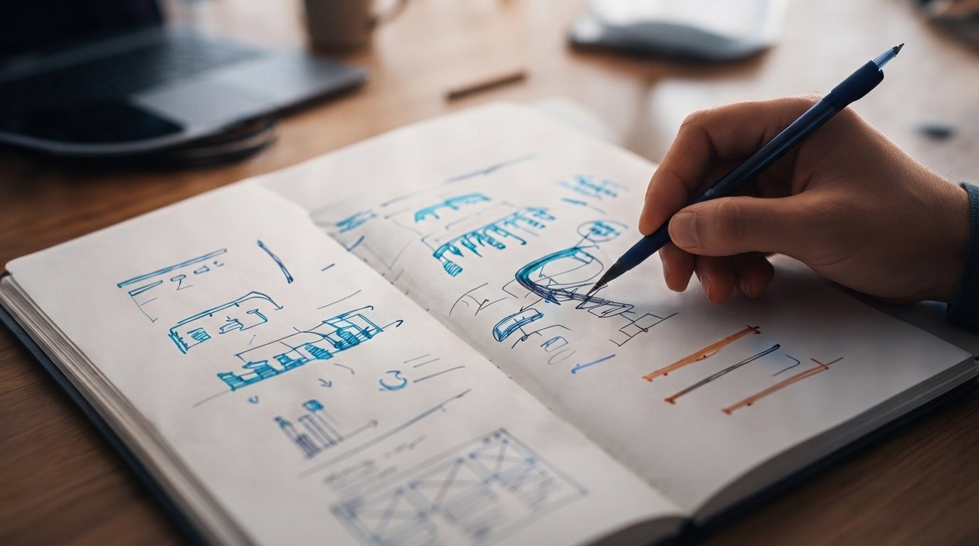A hand sketching product ideas in a notebook