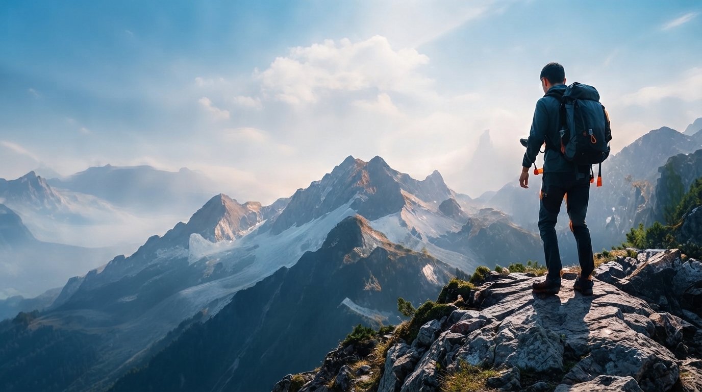 A hiker looking out over a mountain range