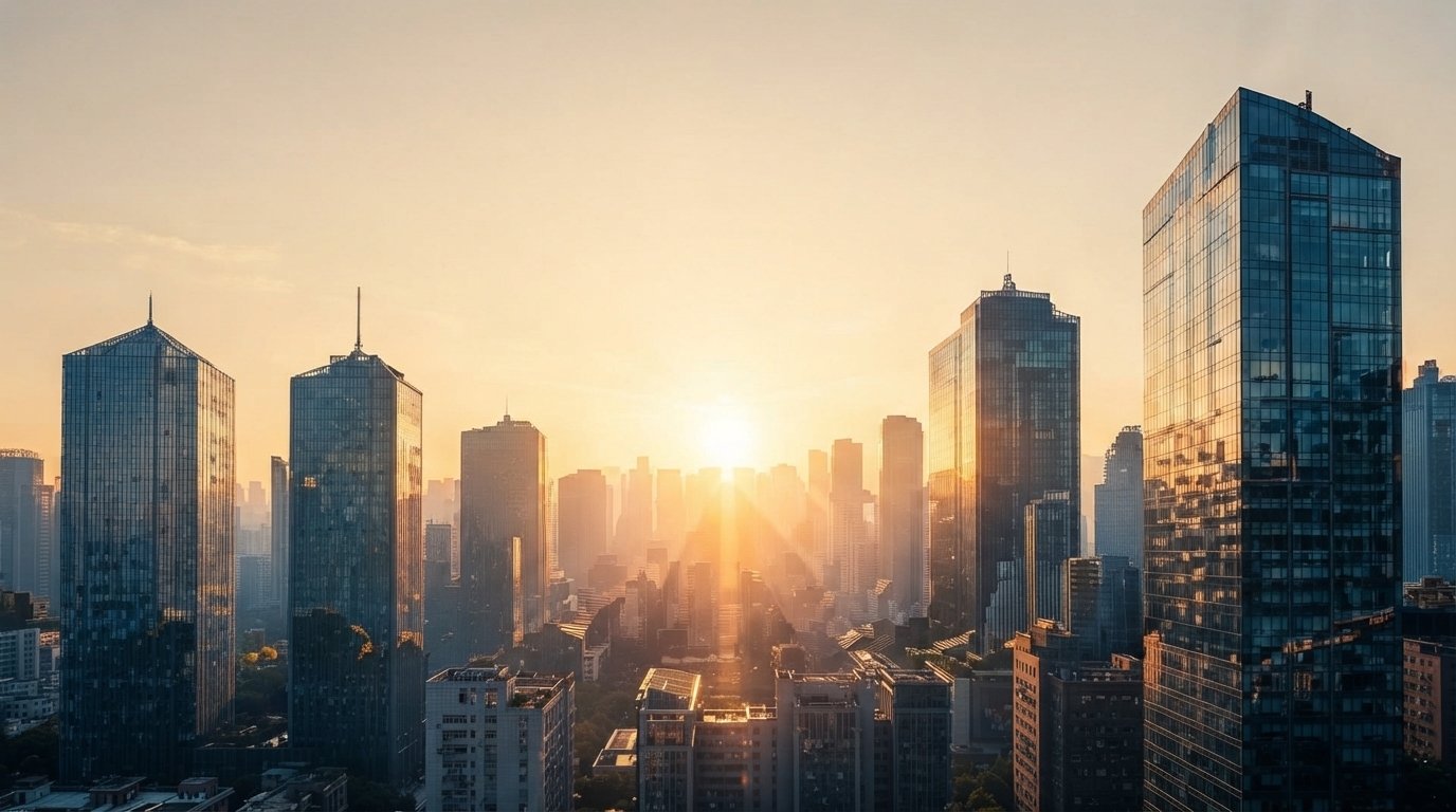 A city skyline at sunrise