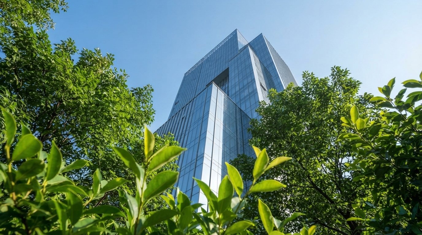 A glass office tower rising above green trees