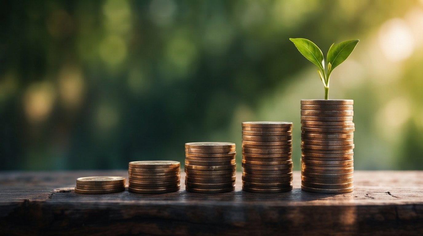 Stacks of coins growing with a seedling on top