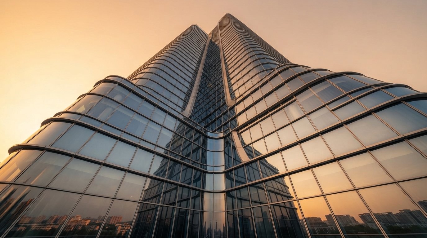 A curved glass tower at sunset