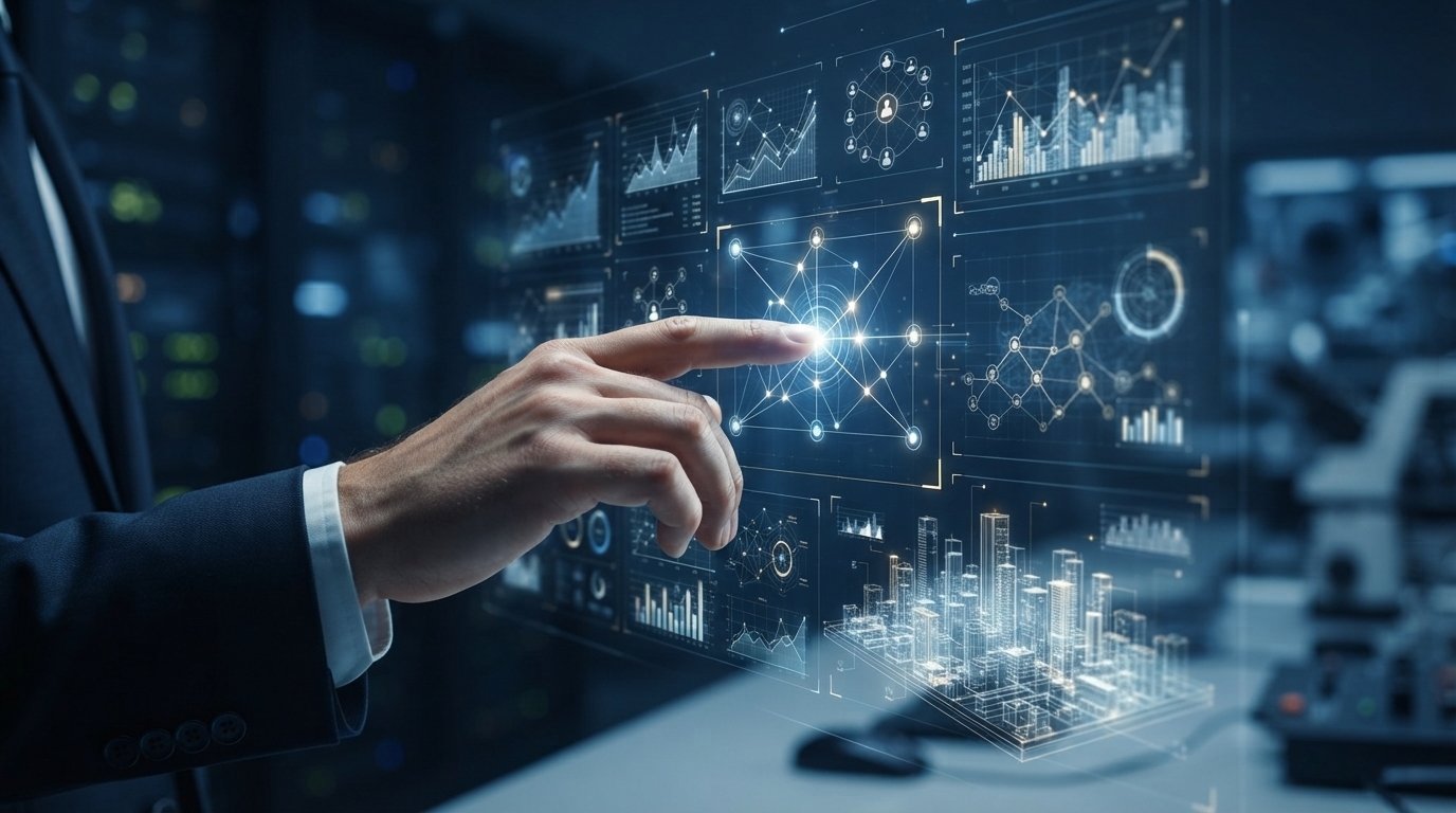 A hand interacting with a digital data dashboard