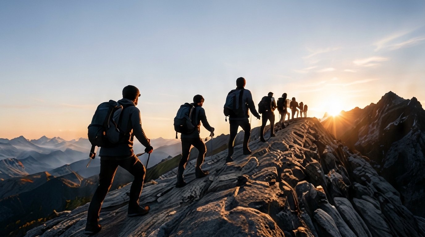 A team of hikers climbing a mountain ridge together at sunrise