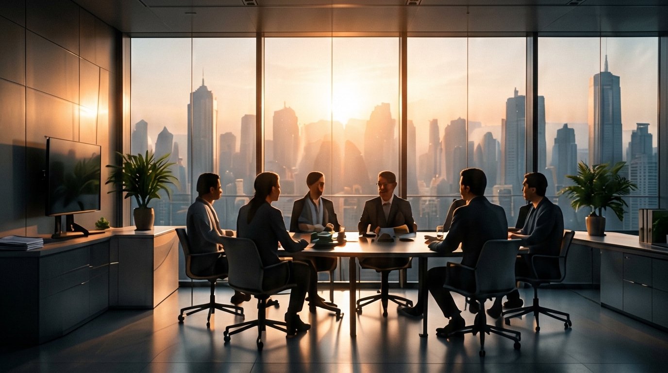 Team meeting around a boardroom table with a city skyline behind