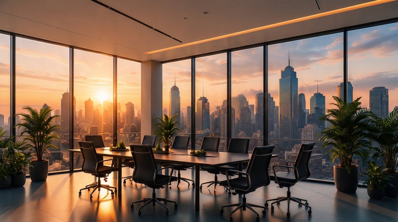 Office meeting room overlooking a city skyline at sunset