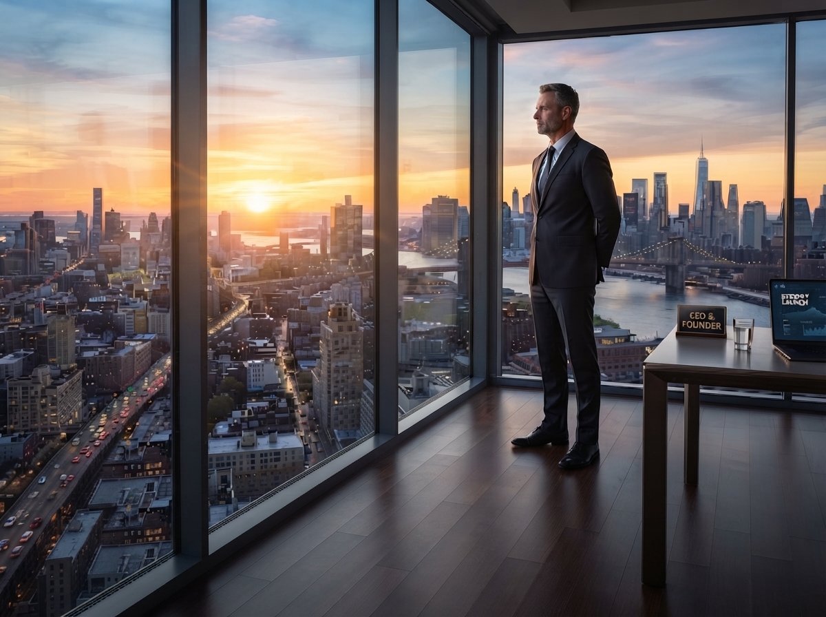 Business leader looking out over a city skyline at sunrise